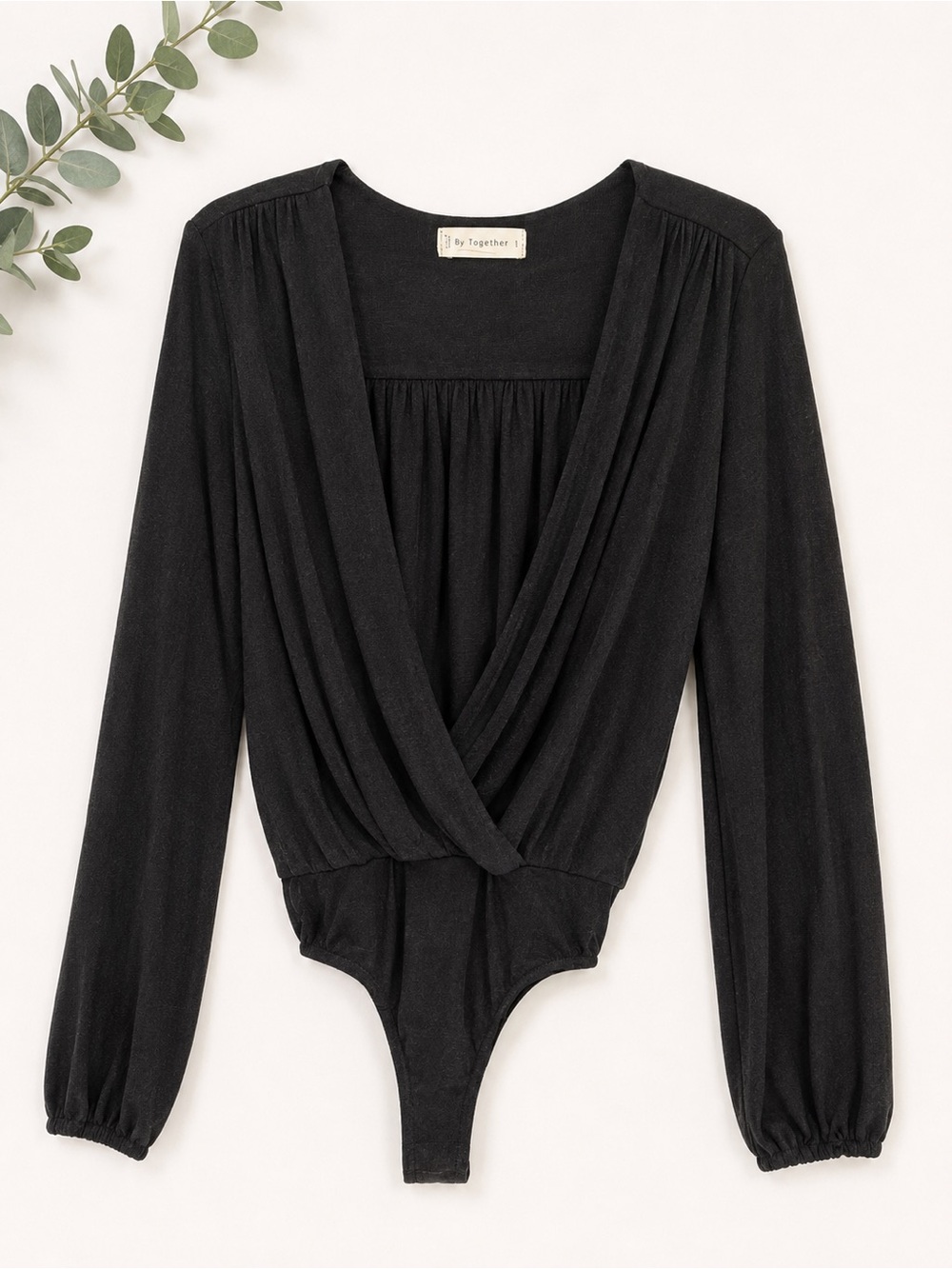 By Together Black Long-Sleeve Draped Wrap Bodysuit